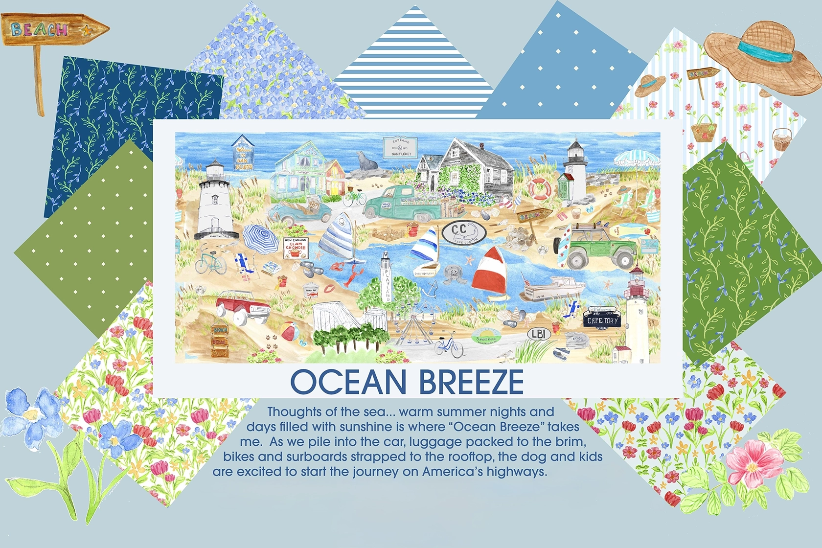 Denise Elliott Ocean Breeze coastal watercolor seaside travel art and patterns