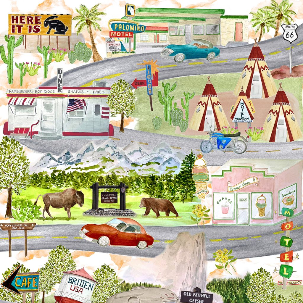 Denise Elliott Postcards from the Road Route 66 travel watercolor fabric collection